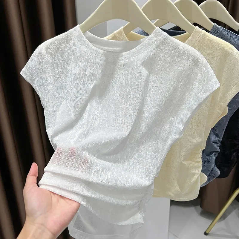 Women's Sheer Velvet Mesh Short Sleeve T-shirt Cap Sleeve Ruched Slim Fit Crop Top Casual Summer Base Layer