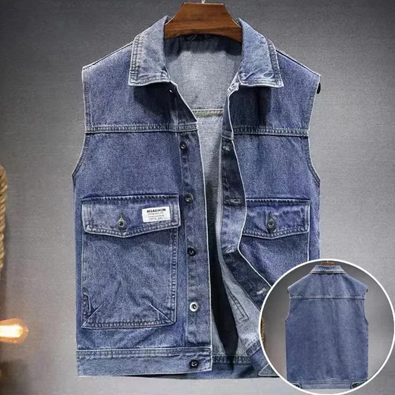 

Loose plus Size Men's Denim Vest Jaet Trendy Fat Guy Oversize oulder Pad Autumn Winter Faion Casual Wear Button Decor