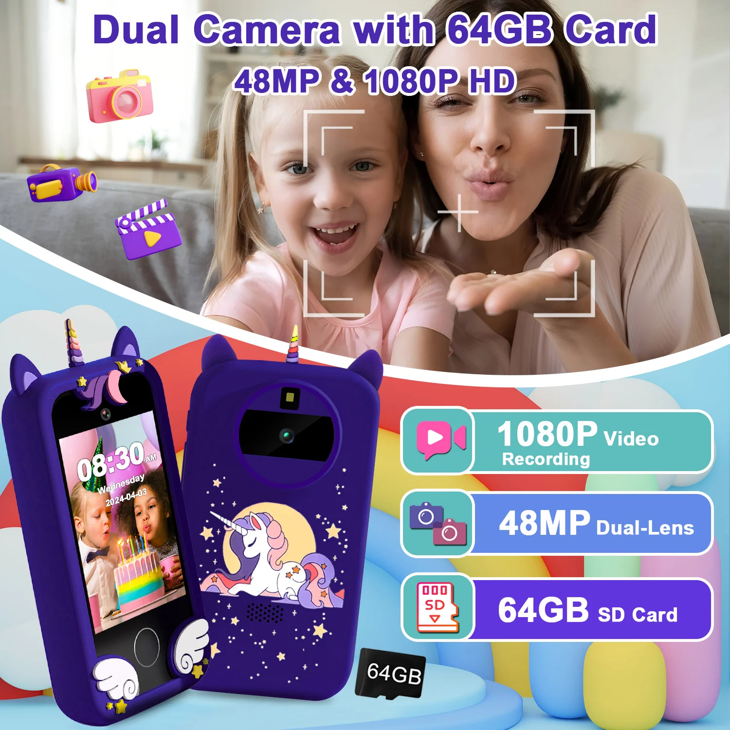 Operação com tela sensível ao toque para telefone infantil, câmera de 48 MP, suporta gravação de vídeo HD 1080P Equipado com uma placa de memória de 64 GB e leitor de cartão