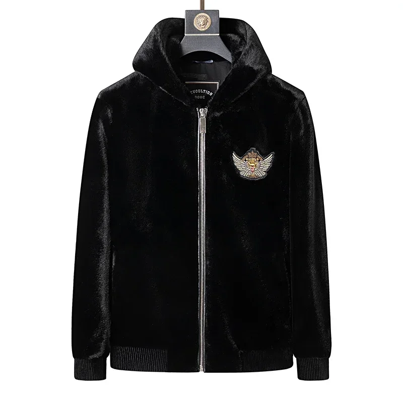 

YEAE Business New Black Hooded Fur Gold Mink Velvet Winter Jacket Fur Coat Men's Embroidered Coat