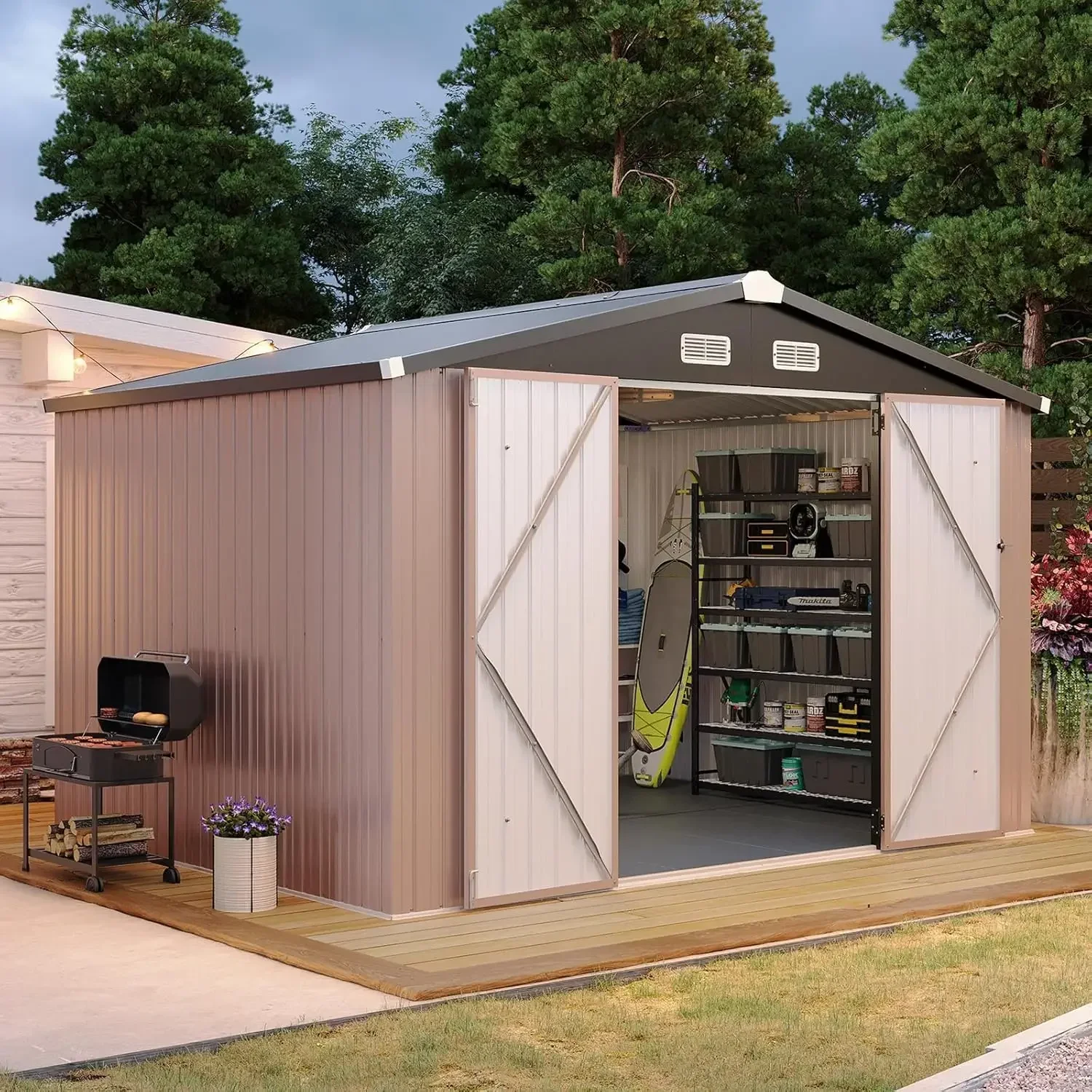 Shed with Double Doors, Thick Moisture-Proof Interlocking Floor, Ventilation System - Ideal for Generator & Tool Storage (Brown)
