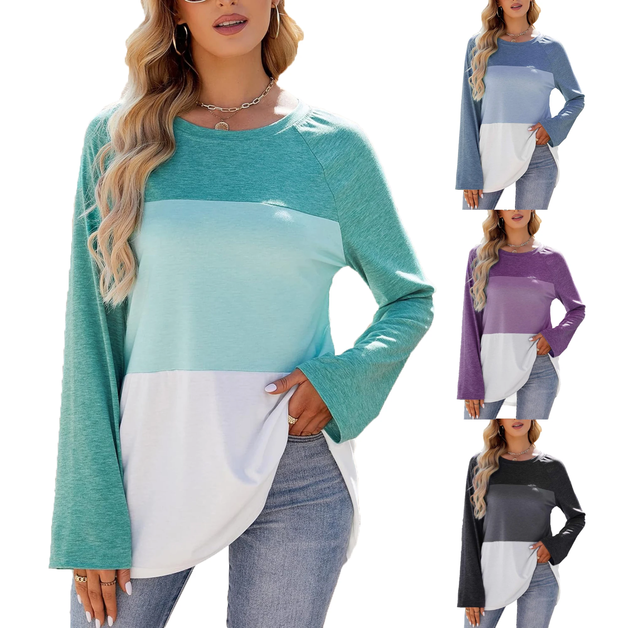 Women Colorblock Long Sleeve Crew Neck Blouse Casual Loose Fit Shirt Tops