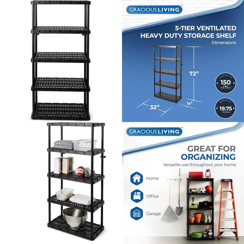 

Heavy-Duty 5-Tier Plastic Storage Shelves for Garage, Kitchen, Bathroom, and Laundry - Black Standing Organizer Rack