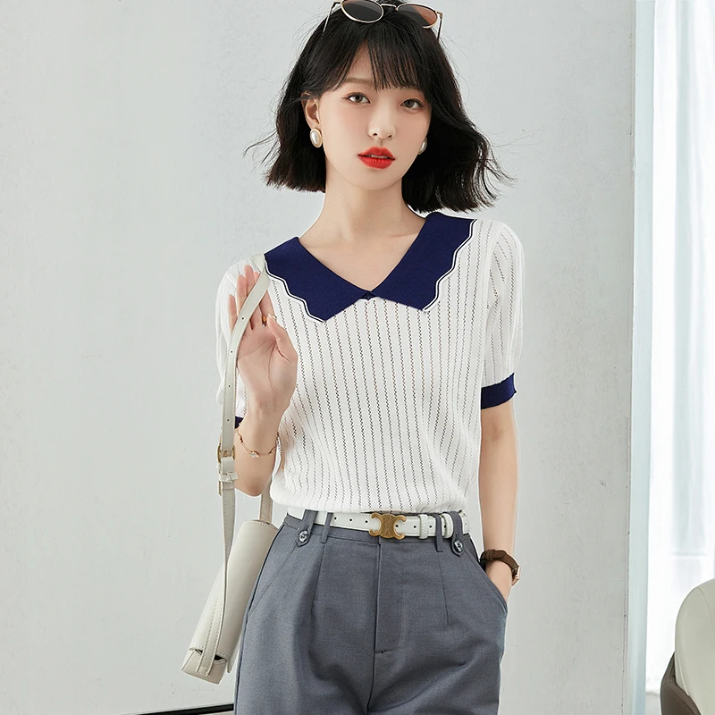 2023 Summer New Versatile Hollow Ice Silk Knitted Sweater Women's Thin Contrast Short Sleeve T-shirt Top Women