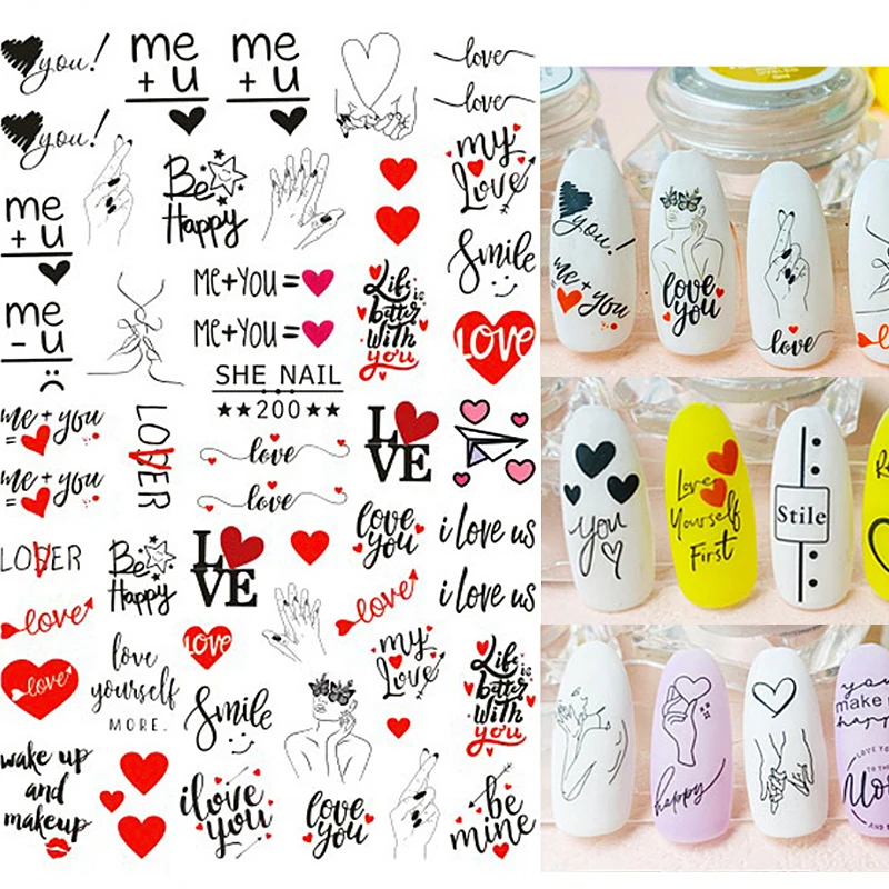 3D Love Heart Letter Valentines Sliders for Nails Manicures Flower Inscriptions Stickers for Nails Decal Nail Art Decoration