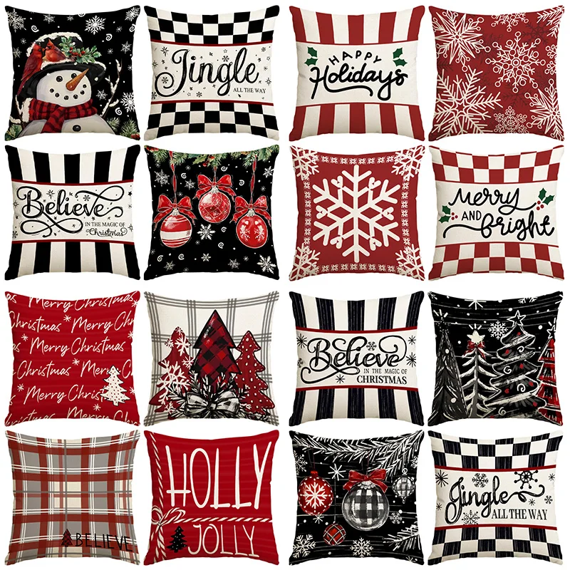 1/4pcs Christmas snowman, red hanging ball checkered striped printed pillow cover, Christmas decoration, (without pillow core)