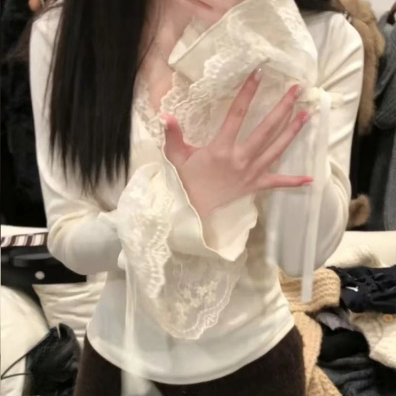 Sexy Lace Patchwork Y2k Aesthetic Tshirts Women Flare Sleeve Bandage Grunge Spring T-shirt Harajuku Vintage Fairy Bodycon Tops