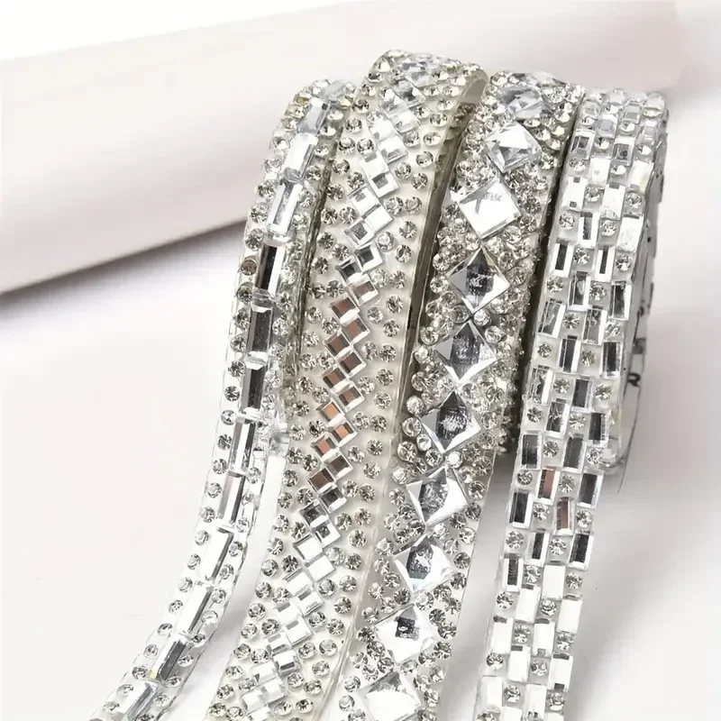 

1Yard Glitter White Crystal Rhinestone Tape Trim Self-Adhesive Glass Appliques Diamond Sticker For Dress Shoe Adornment Ribbon