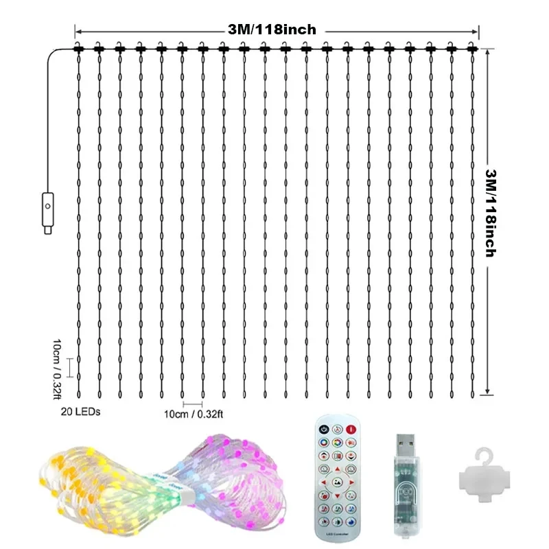 400LEDs Smart Curtain Lights Bluetooth App Control DIY LED String RGB Fairy Lights Music Change Display for Window Bedroom Decor