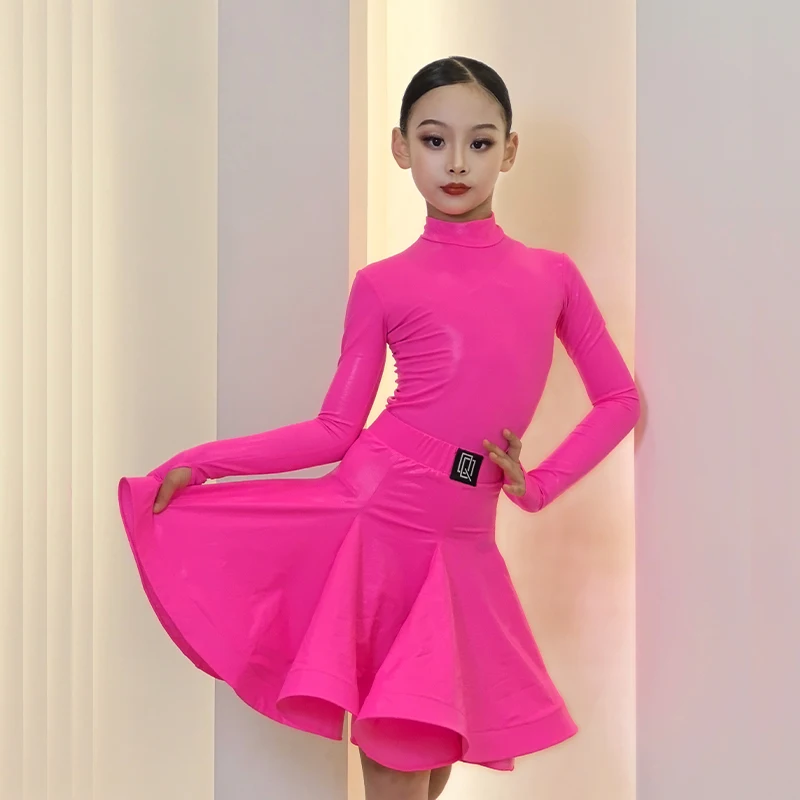 Abbigliamento da competizione di ballo latino per ragazze, tessuto lucido, maniche lunghe, abito da ballo, per bambini, Cha Rumba, pratica di danza, abbigliamento da allenamento