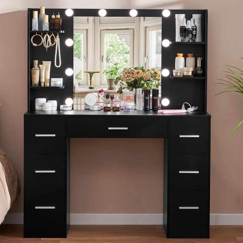 

Large Vanity Desk with LED Lighted Mirror & Power Outlet,Makeup Vanity Table with 7 Drawers,4 Shelves and 5 Hooks,Vanity Table