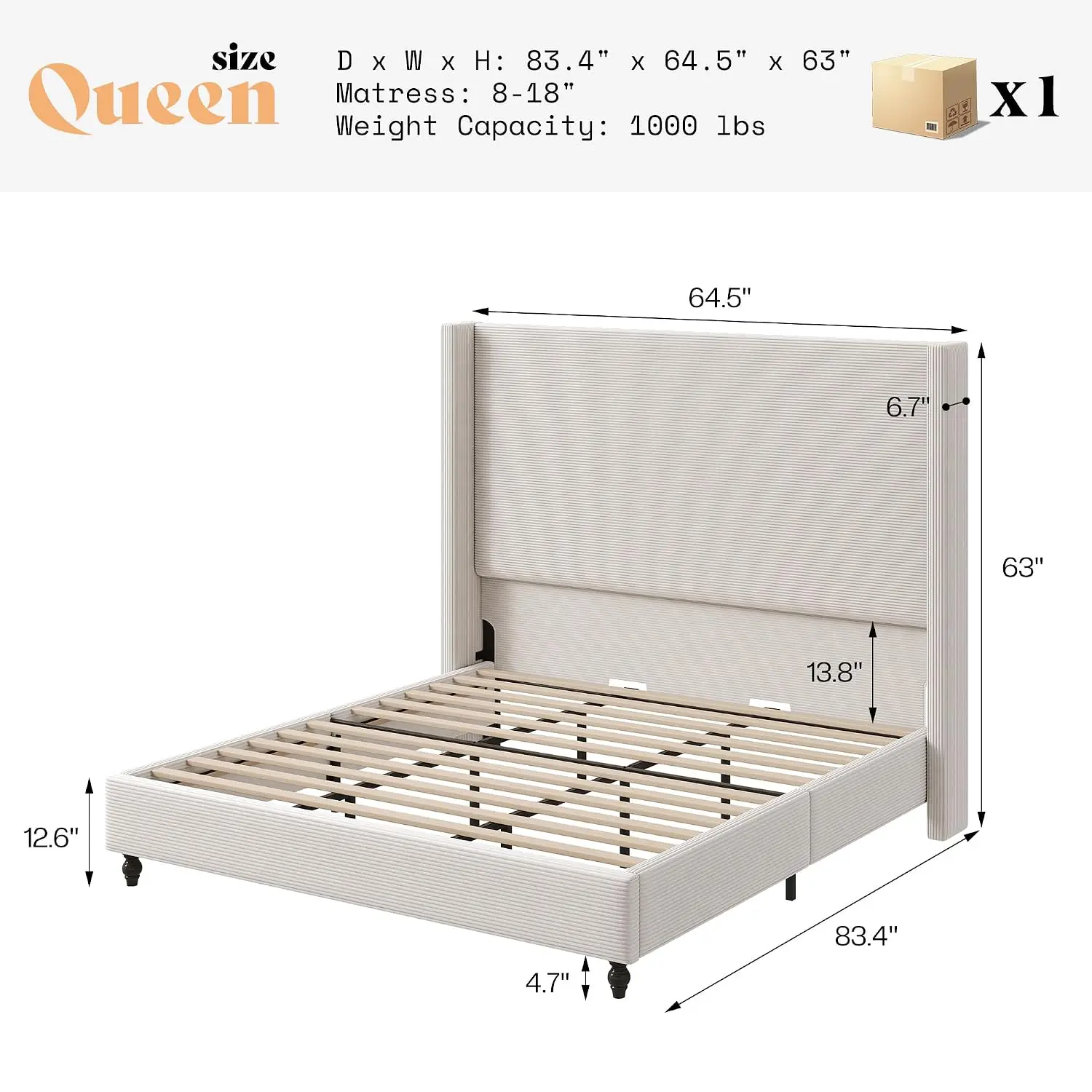 Queen Upholstered Bed Frame with 63