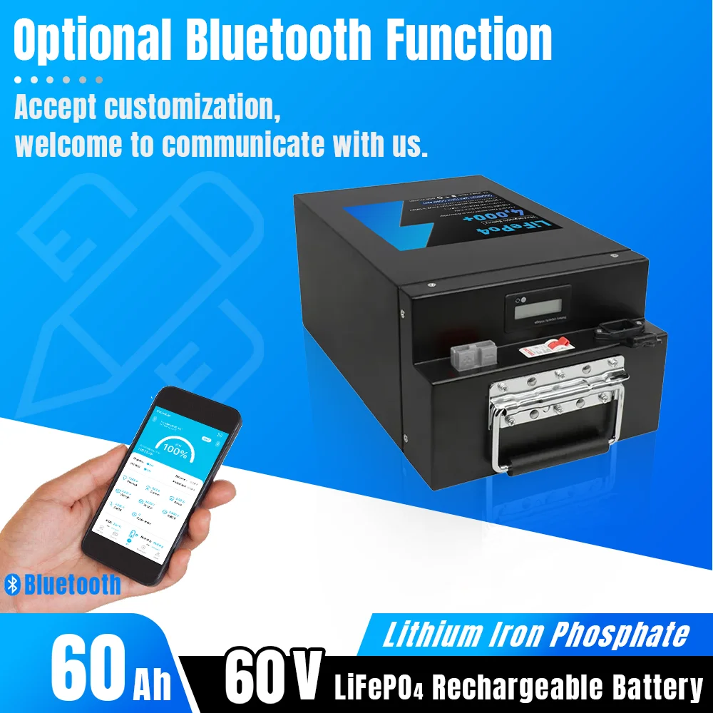 60V 60Ah Lifepo4 Battery Pack Lithium Iron Phosphate Built-in BMS Optional Bluetooth Deep Cycle for electric Tricycle motorcycle