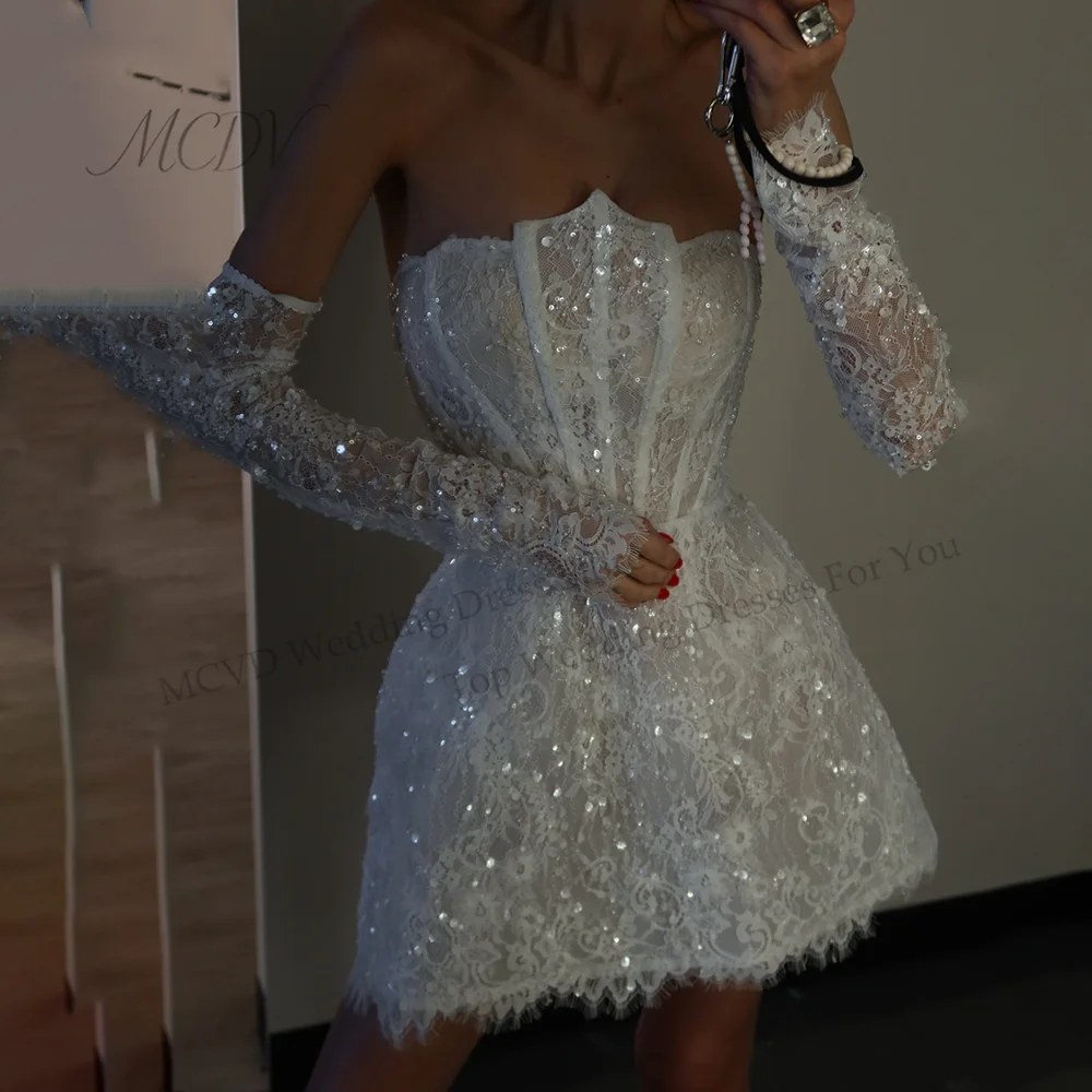 Mini Bridal Dresses A Line Applique Detachable Sleeve Strapless Lace Wedding Dresses Sequin 2026 Bridal Shower Dress Customized