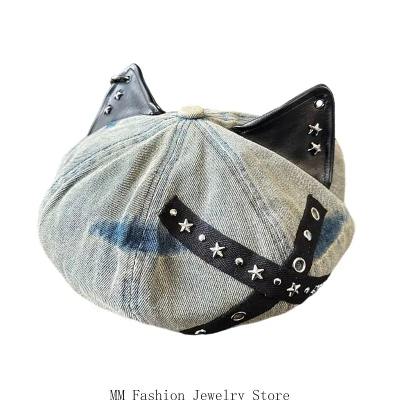 

D0UB Studded Cats Ear Hat Detailed Design Adjustable Cotton Headwear For Adults