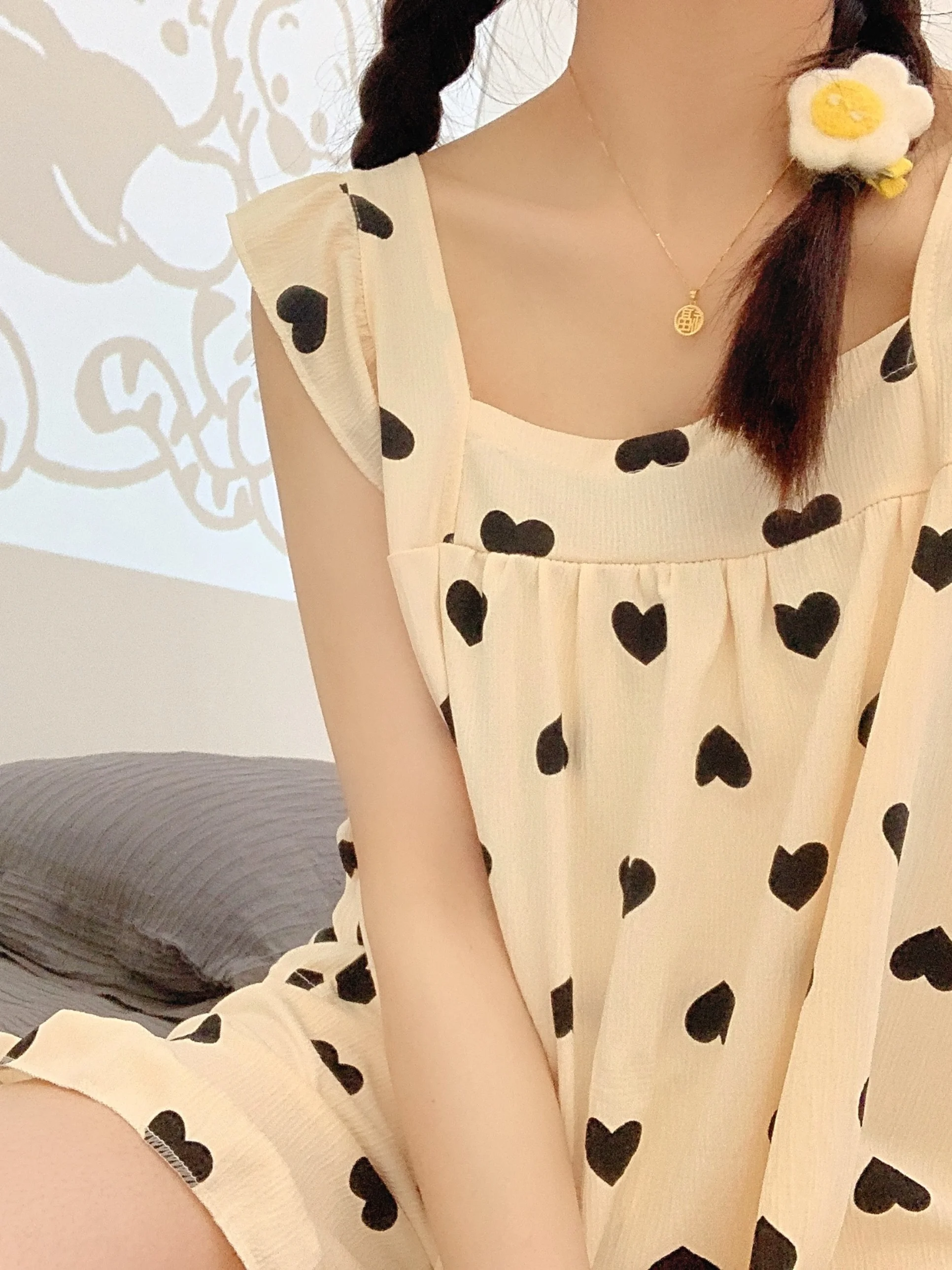 

Summer Bubble Cotton Strap Sleepwear Women's Loose Sweet Heart Home Clothes Set Comfortable Breathable Print Nightgown