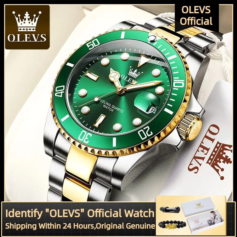OLEVS الرجال كوارتز غواص ساعة الفولاذ المقاوم للصدأ العلوي الفاخرة ليلة التقويم ساعة رجالي الأخضر مقاوم للماء الأصلي ساعة رجالي