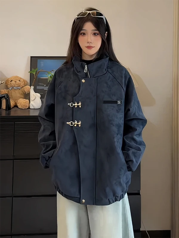 

Matte Fini Motorcycle Jaet Men's Women's New Chinese Sle k Blue Cotton Outerwear Autumn Winter Deconstructed Design ...