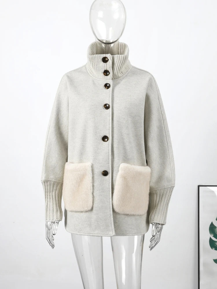

Casual Fur Knitted Sweater Women Standup Collar Long Sleeve Single-breasted Pocket Loose Cardigan 2025 Spring Chic Knitwear Lady
