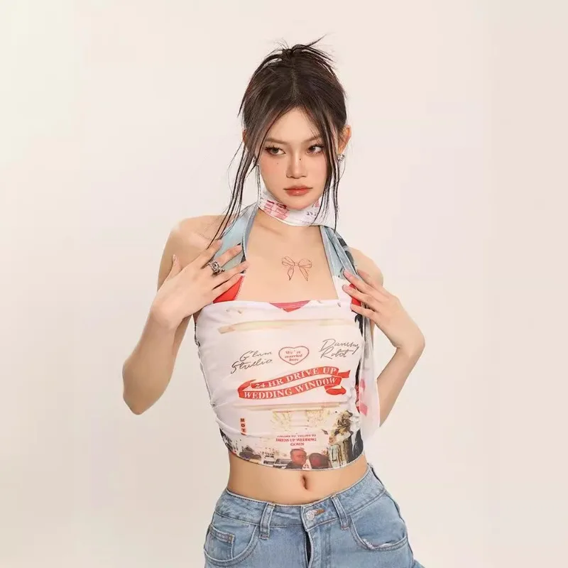 2025 Camiseta sin mangas Bandeau sin tirantes con estampado de chica caliente europea y americana, Top de verano ajustado de malla para mujer, ropa interior de nicho