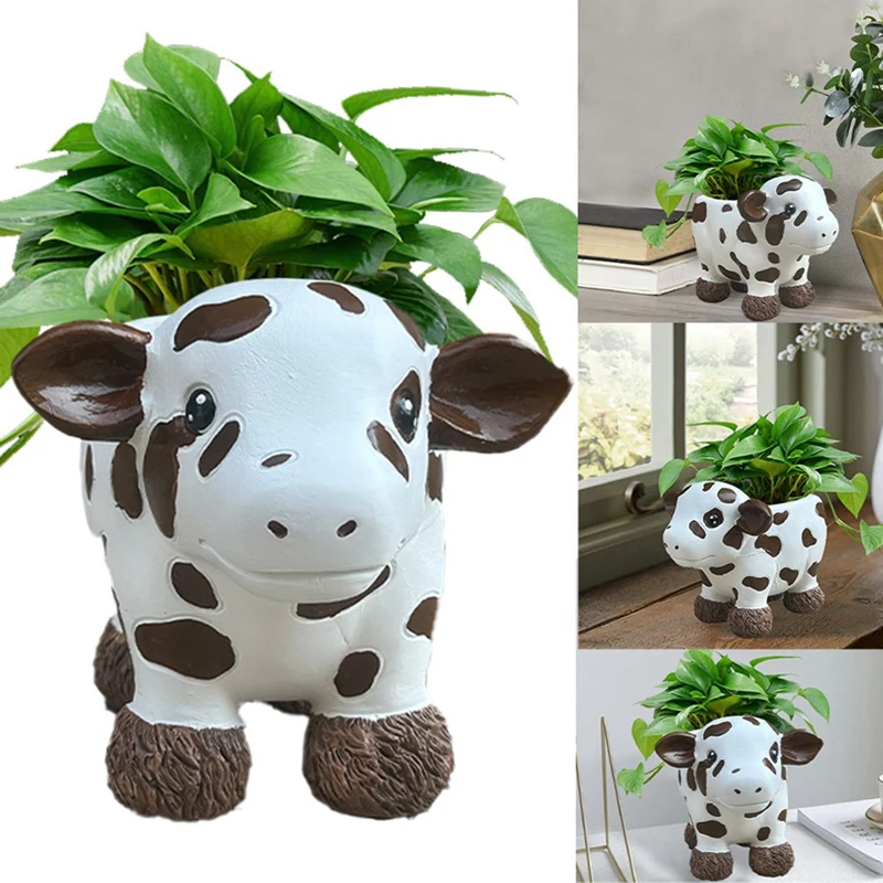 Cow Flower Pot Indoor Plant Spot Vase Desktop Resin Flower Pot Dining Room Cabinet Home Decor Gift-A51M