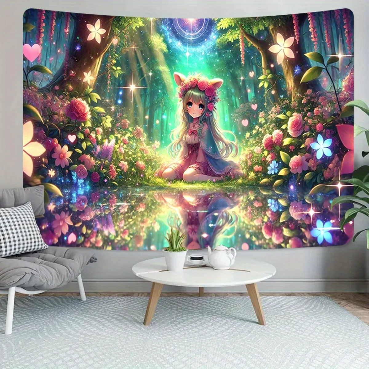 VIKAMA Fantasy Magic Forest Cat Ear Girl Tapestry, Fairy Tale Wall Art for Bedroom Living Room Decor