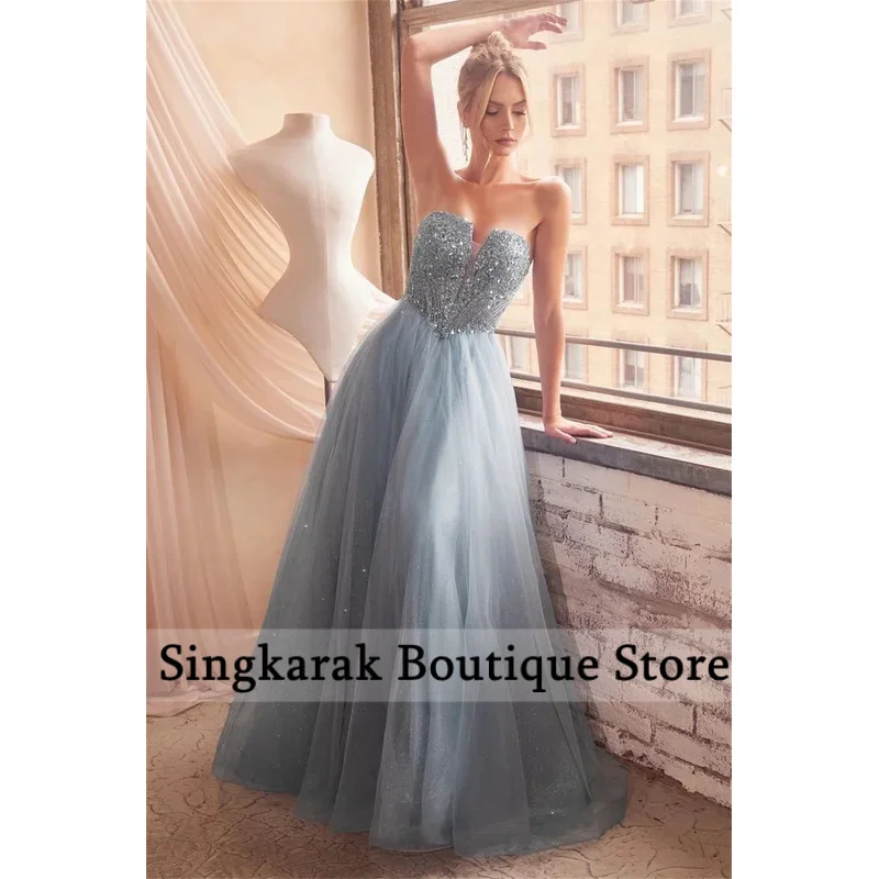 فستان حفلة موسيقية بدون حمالات لامع على شكل حرف a بدون أكمام بطول الأرض من vestidos de noiva برباط من الخلف فساتين سهرة