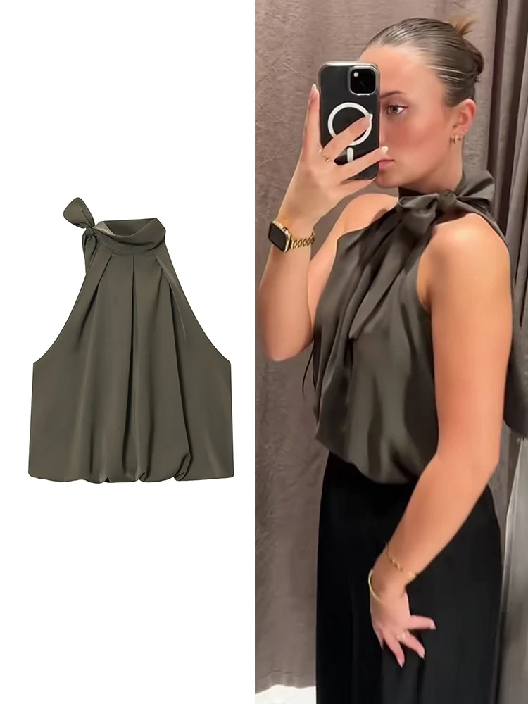 TFMLN جديد إمرأة القوس الدانتيل الرسن تانك القمم بلون أكمام Ruched القمم أنيقة سيدة الموضة عادية مفتوحة الكتفين القمم