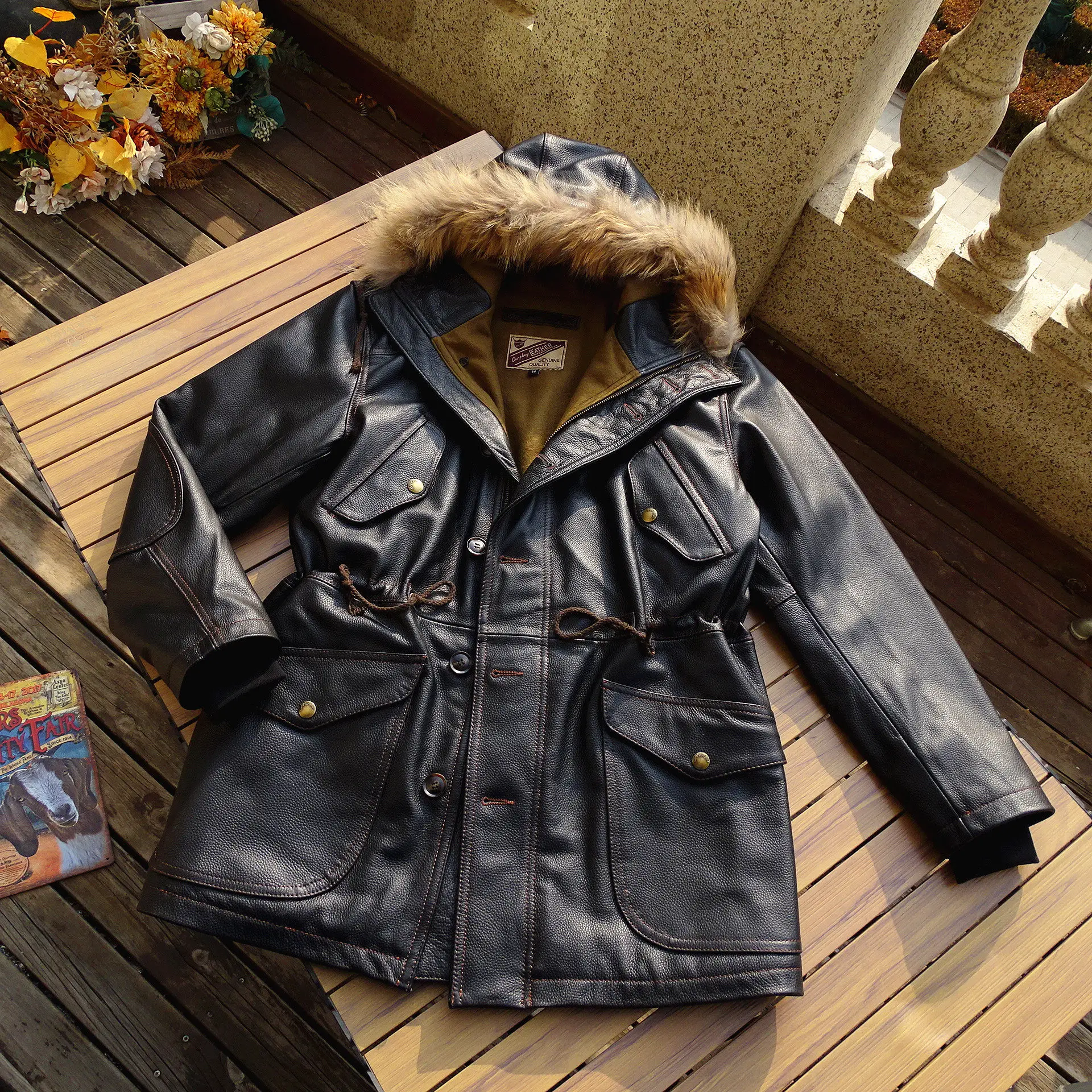 

Winter Heavyweight Full-Grain Cowhide Real Fur Collar Mid-Length Hooded Parka Genuine Leather Coat for Men and Women Jackets