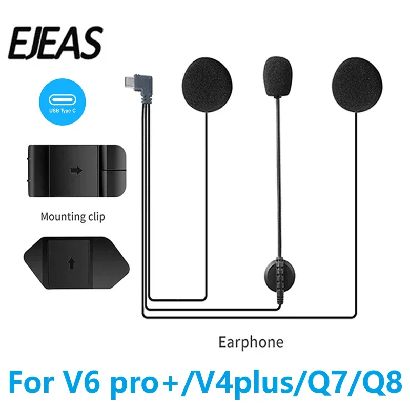 For EJEAS Q8/V4PLUS/V6Pro+/V7/Q7 Original earphone Type-C Plug helmet  with Speaker Microphone Optional Clip & Base