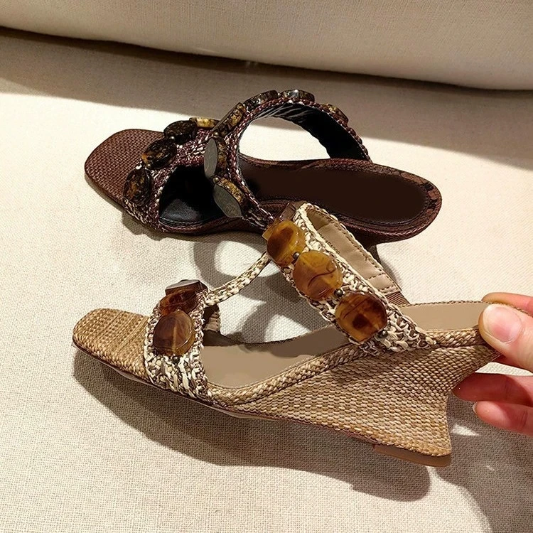 

New Arrival Fashion Women's Sandals Square Toe Wedges Weave Buckle Thick High Heels Top Quality Summer Shoes