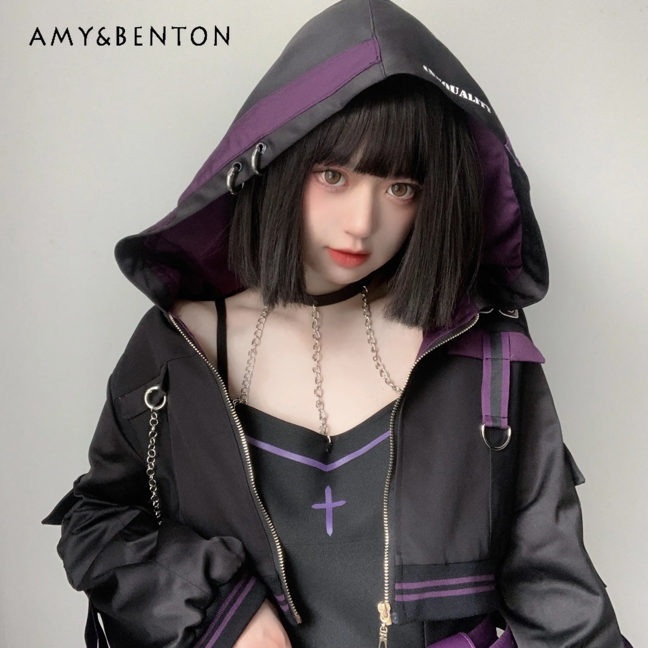 Japanese Harajuku Sweet Cool Short Hooded Jacket Y2K Chain Black Camis Dress Sets Women Autumn New Street Slim Two-Piece Sets