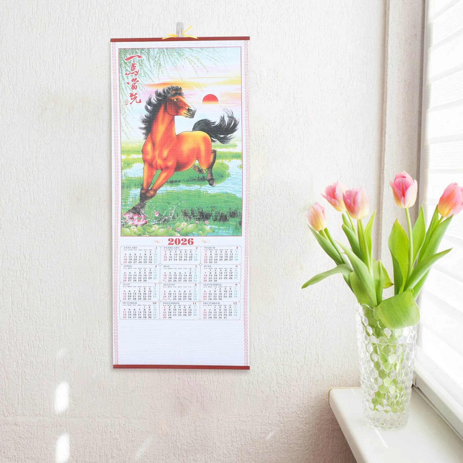 Year 2026 Faux Rattan Hanging Scroll Calendar Traditional Chinese New Year Decorations Wall Calendar For Living Room