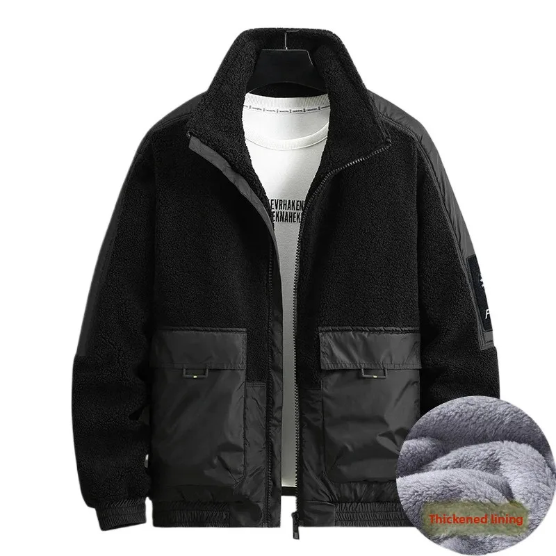 Autumn Winter Large Men's Fashion Fat Standing Collar with Fleece Splice Coat with Fat Plus Pocket Cotton Coat Jacket 170kg 12XL