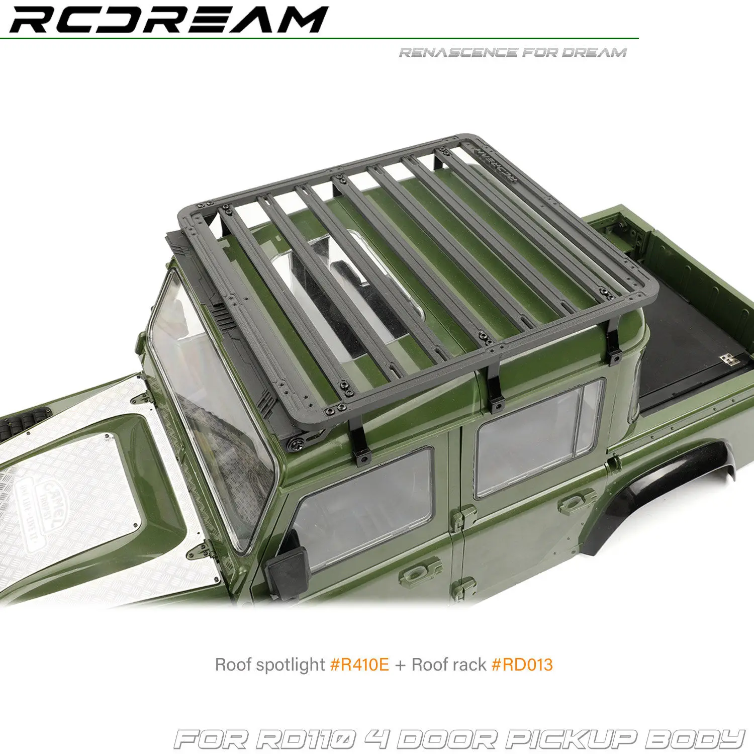 

RCDream RD013 Multifunctional Roof Rack Loading Platform For 1/10 RD110 RD130 Wilderness Dfe. 4 Door Pickup RC Crawler Body