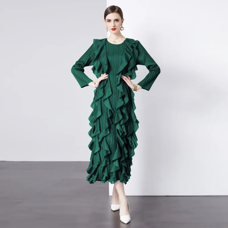 Lotus leaf edge dress, cross-border plus size women's pleated dress