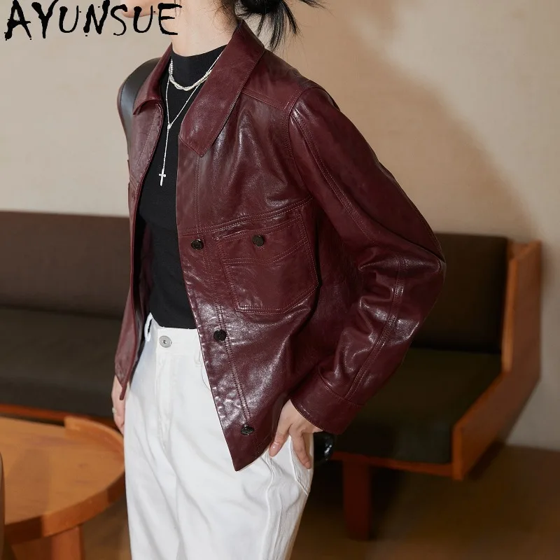 AYUNSUE Real Leather Jacket Woman Fashion Oil Wax Vintage-style Jackets for Woman Jsheepskin Short Coat Woman Clothes Ropa Mujer