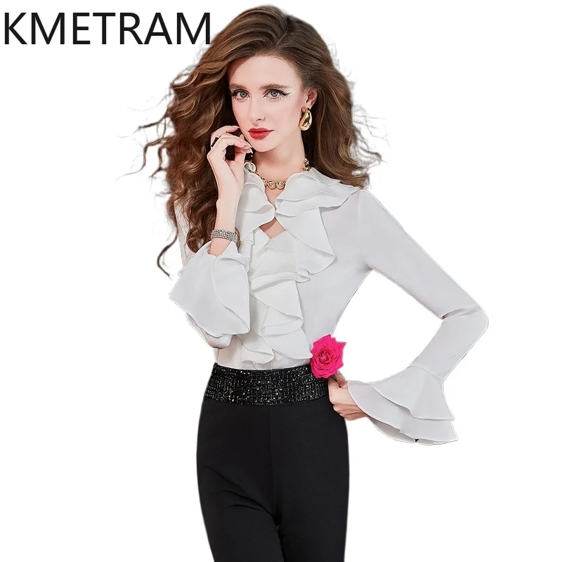 

KMETRAM Women's Spring Tops French Style Ruffle Sleeves Blouse Elegant V-Neck Long Sleeve Office Shirt 2026 Woman Clothes одежда
