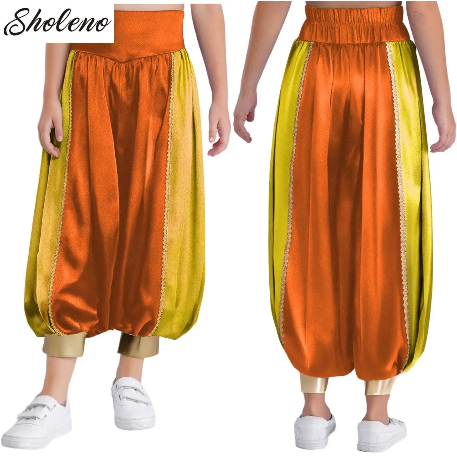 

Teens Satin Belly Dance Costume Tribal Pants High Waist Loose Egyptian Harem Trousers Halloween Arabian Prince Princess Dress Up