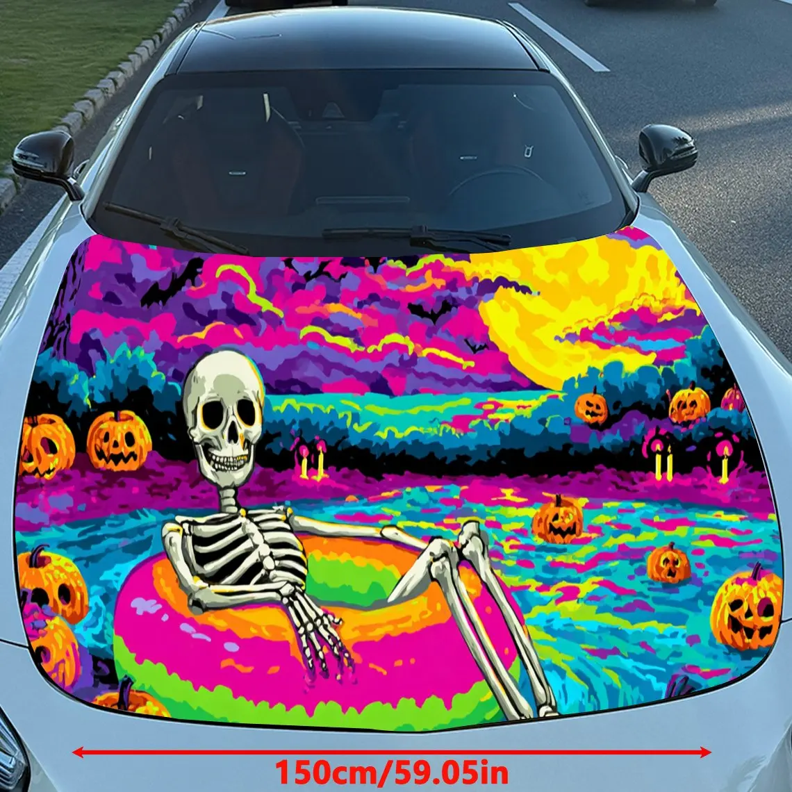 Lively Skeleton on Donut Car Engine Hood Vinyl Wraps Sticker, Trendy Auto Cover Decal, Waterproof Self-adhesive Vehicle Decal, A