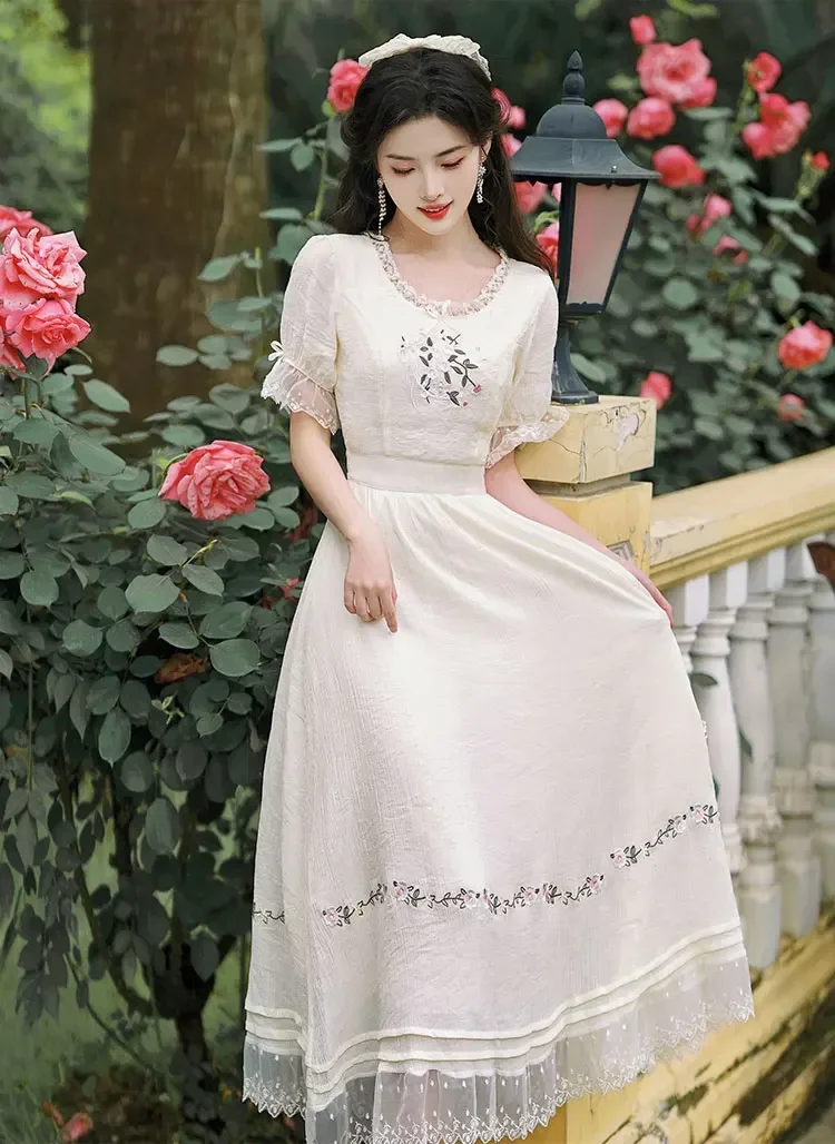 Summer Romantic Lace Fairy Dress Woman Vintage French Style Embroidery Flower Petal Sleeve Mori Girl Dresses Vestido Festa