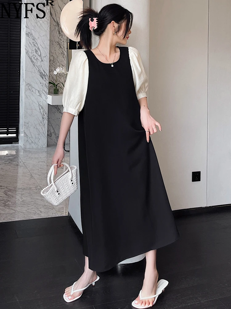 NYFS 2024 Summer New Korea Woman Dress Vestidos Robe Elbise Loose Plus Size Short Sleeve Temperament Fake Two Pieces Long Dress