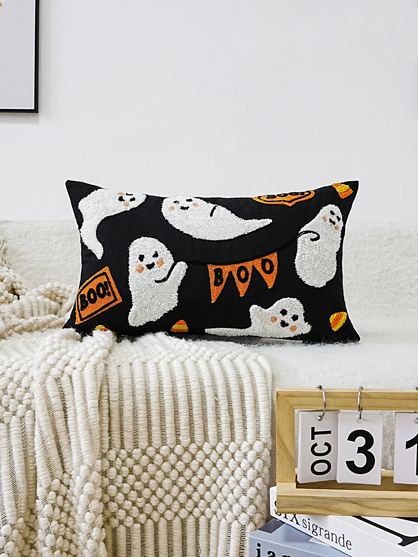 1pc Halloween squisito ricamo motivo fantasma cuscino federa, Multi-Room universale, non Include cuscino Core