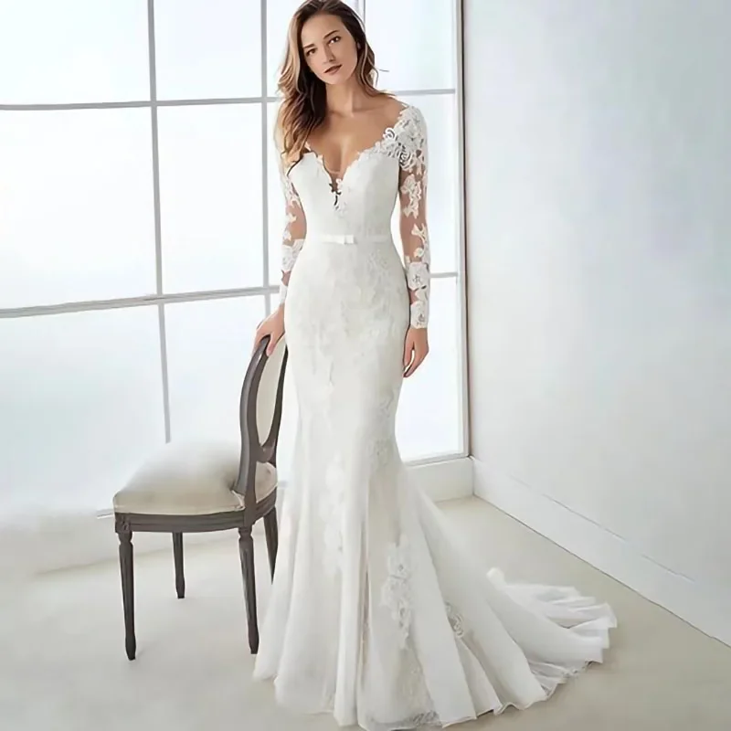 Fair Lady Wedding Dresses for Bride 2024 V Neck Beaded Straps Lace Appliques Bridal Gown for Women