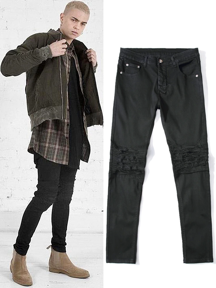 

High Street Men's Denim Pants FOG Trendy Black Elastic Slim Fit Jeans Casual mid Waist Button Cotton Stretch Polyester Blend