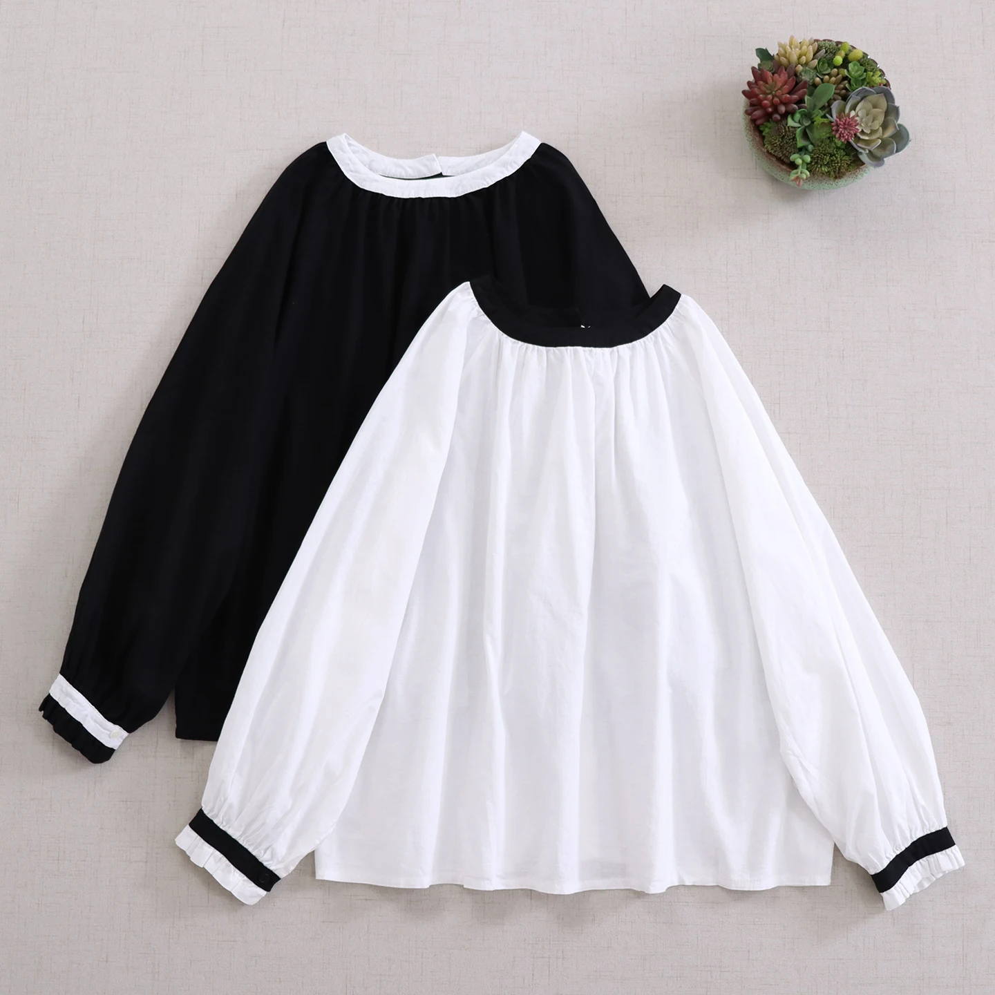 

Japanese Sweet Mori Girl Patchwork Button Back Cotton Linen Shirts Women Autumn O-Neck Long Sleeve Casual Loose Blouse Tops
