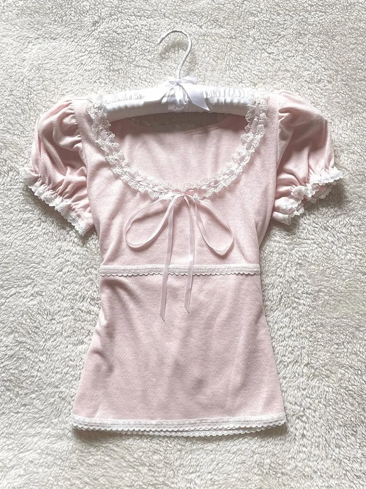

Оригинальная футболка в стиле ретро Pure Desire Lace ort Sve, сладкий розовый летний Новое поступление, женский повседневный топ из смеси хлопка с принтом