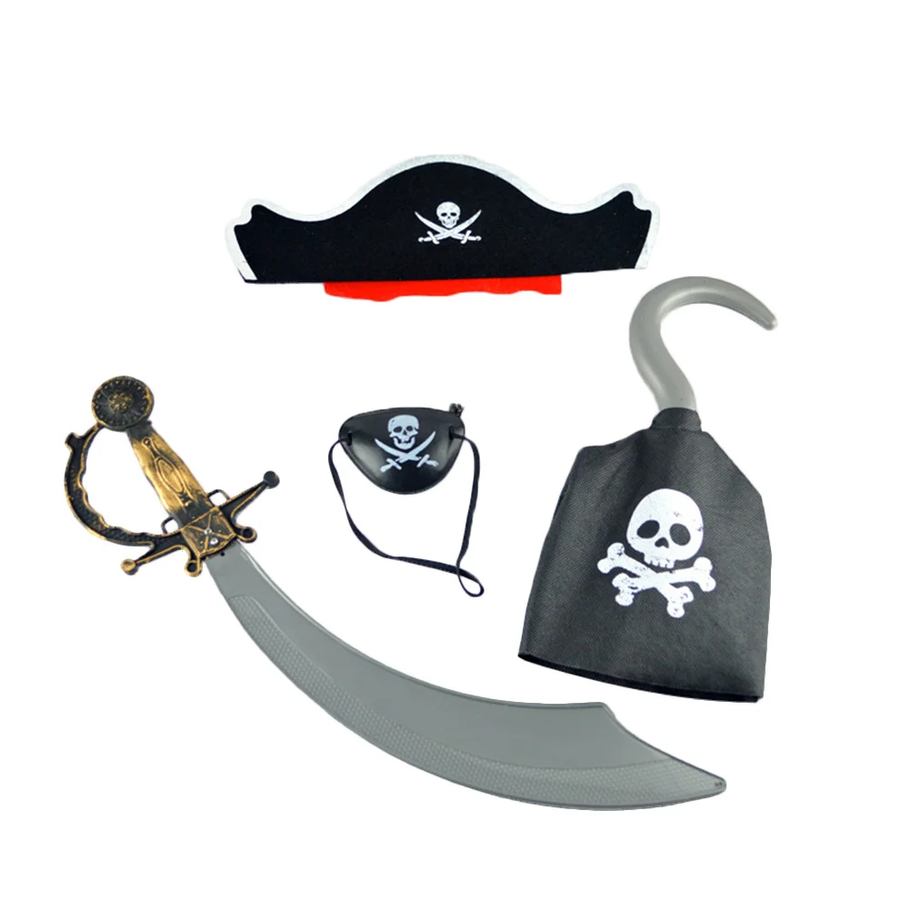 4Pcs Pirate Costume Set Halloween Masquerade Party Eye Patch Headdress Hook Knife Pirate Props Supplies Halloween Party Supplies