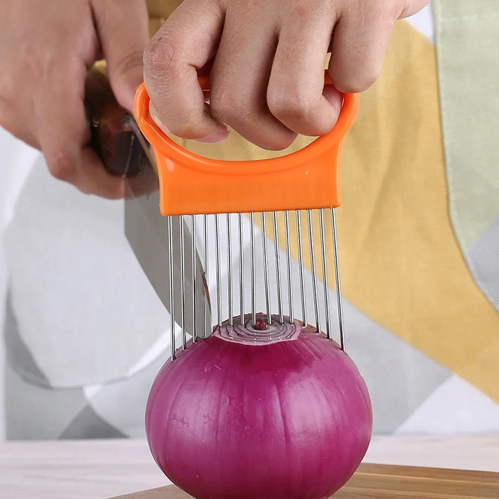 Stainless Steel Onion Needle Onion Fork Vegetables Fruit Slicer Tomato Cutter Knife Cutting Safe Aid Holder Kitchen Accessories