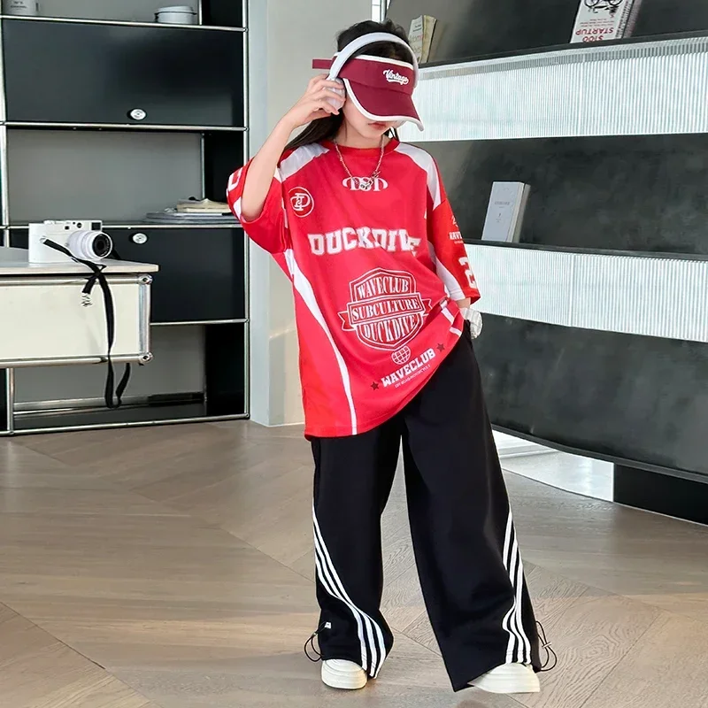 Hip Hop Quick Dry Letter Half Sleeve T-shirt+Loose Wide Leg Street Dance Pants 2pcs Set for Children Youth New Set Summer Girls